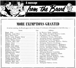 The October 1956 edition of Dawn magazine published the names of NSW Aboriginals granted a Certificate of Exemption by the protectorate.