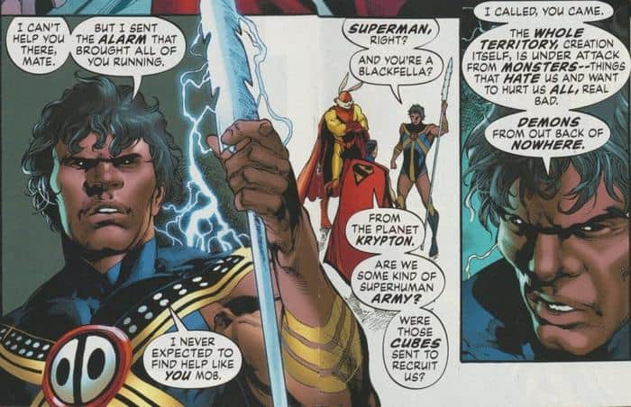 Thunderer, a Weather God of the Mowanjum people. One of the few comic characters who does not come from either an unnamed or an imaginary Aboriginal nation