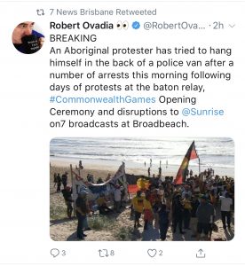 This tweet by Seven News reporter Robert Ovadia was posted moments after Voller had been locked inside the back of a police van.