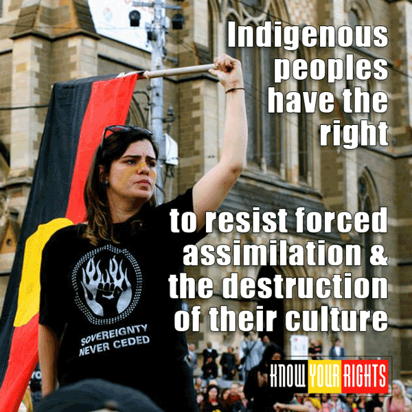 Merikio Onus at a protest carrying an Aboriginal flag with the caption "Indigenous people have the right to resist forced assimilation and destruction of their culture"