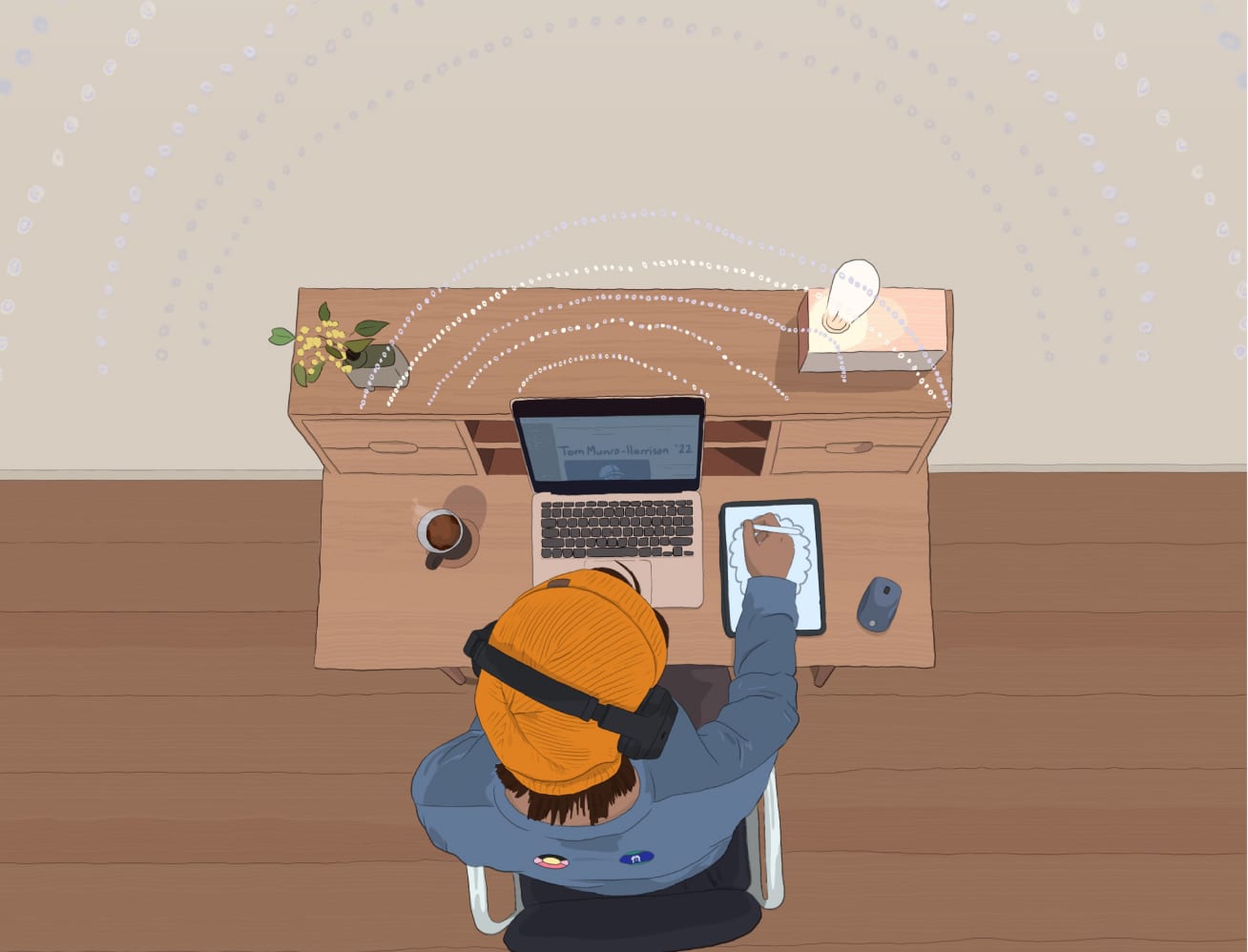 Illustration of a person sitting at a desk drawing on their tablet