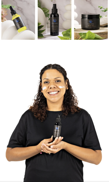 Images of skin care above the image of a First Nations person who holds a product with Ochre on their face and they smile.